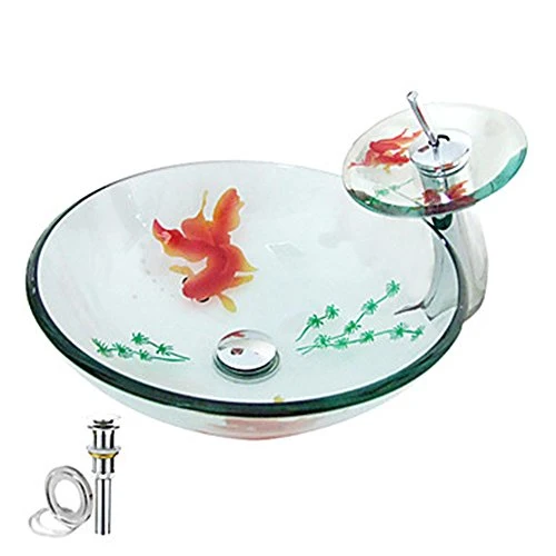 HomeLava Lavabo da Appoggio fatto mano Pesce rosso trasparente forma rotonda Lavabo bagno vetro temperato con rubinetto ca...