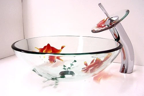 HomeLava Lavabo da Appoggio fatto mano Pesce rosso trasparente forma rotonda Lavabo bagno vetro temperato con rubinetto ca...