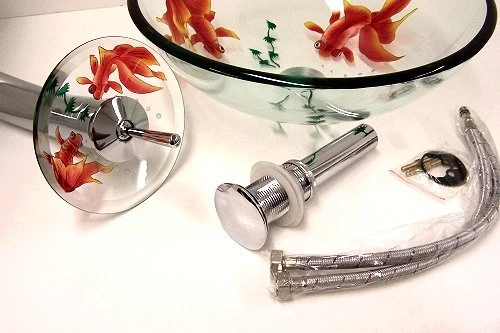 HomeLava Lavabo da Appoggio fatto mano Pesce rosso trasparente forma rotonda Lavabo bagno vetro temperato con rubinetto ca...