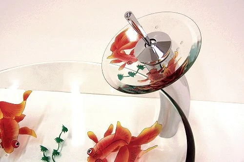 HomeLava Lavabo da Appoggio fatto mano Pesce rosso trasparente forma rotonda Lavabo bagno vetro temperato con rubinetto ca...