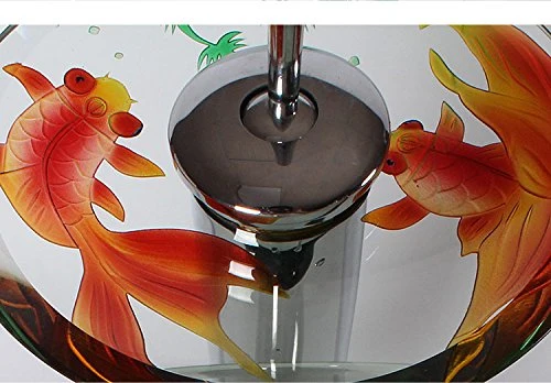 HomeLava Lavabo da Appoggio fatto mano Pesce rosso trasparente forma rotonda Lavabo bagno vetro temperato con rubinetto ca...