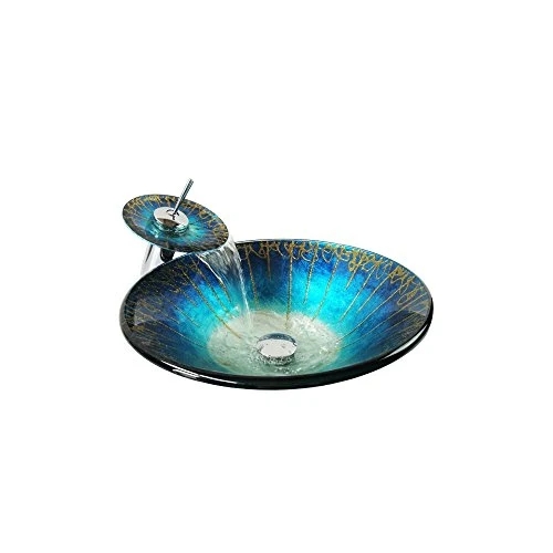 HomeLava Lavabo da Appoggio Vetro Temperato Forma Tonda Blu Fatto Mano Lavabo Bagno Vetro Temperato con Rubinetto Cascata