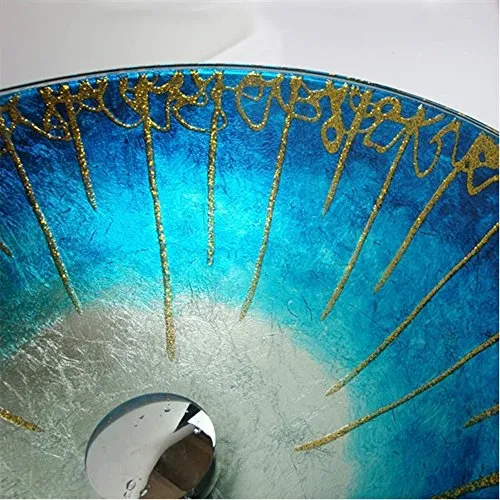 HomeLava Lavabo da Appoggio Vetro Temperato Forma Tonda Blu Fatto Mano Lavabo Bagno Vetro Temperato con Rubinetto Cascata