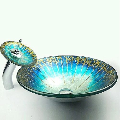 HomeLava Lavabo da Appoggio Vetro Temperato Forma Tonda Blu Fatto Mano Lavabo Bagno Vetro Temperato con Rubinetto Cascata
