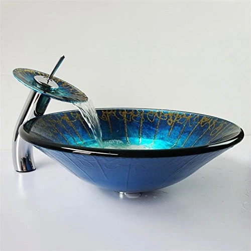 HomeLava Lavabo da Appoggio Vetro Temperato Forma Tonda Blu Fatto Mano Lavabo Bagno Vetro Temperato con Rubinetto Cascata