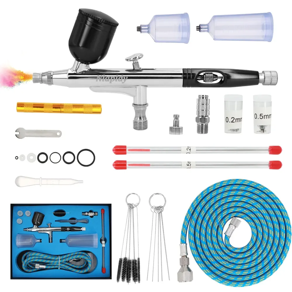 Kit Aerografo Doppia Azione – Pistola Airbrush con Ugelli da 0,2mm/0,3mm/0,5mm, Tazze da 10cc/20cc/40cc, Tubo Aria e Set d...