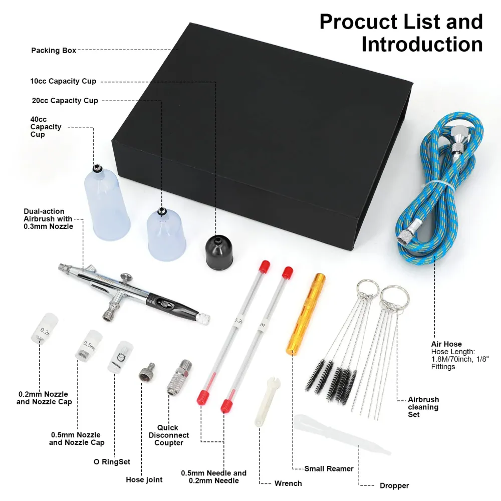 Kit Aerografo Doppia Azione – Pistola Airbrush con Ugelli da 0,2mm/0,3mm/0,5mm, Tazze da 10cc/20cc/40cc, Tubo Aria e Set d...