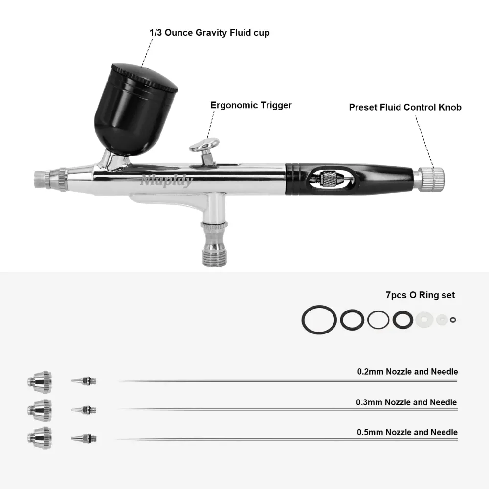 Kit Aerografo Doppia Azione – Pistola Airbrush con Ugelli da 0,2mm/0,3mm/0,5mm, Tazze da 10cc/20cc/40cc, Tubo Aria e Set d...