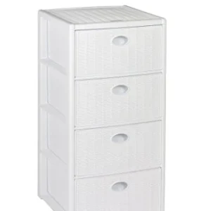 Cassettiera plastica effetto rattan, con 4 cassetti, rotelle, Dimensioni: 40 x 40 x 81 cm, bianco Kreher