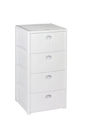 Cassettiera plastica effetto rattan, con 4 cassetti, rotelle, Dimensioni: 40 x 40 x 81 cm, bianco Kreher
