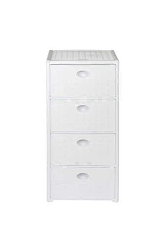 Cassettiera plastica effetto rattan, con 4 cassetti, rotelle, Dimensioni: 40 x 40 x 81 cm, bianco Kreher