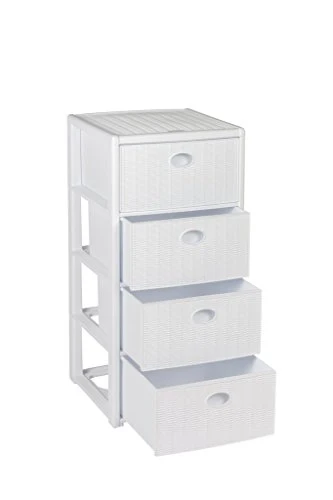 Cassettiera plastica effetto rattan, con 4 cassetti, rotelle, Dimensioni: 40 x 40 x 81 cm, bianco Kreher