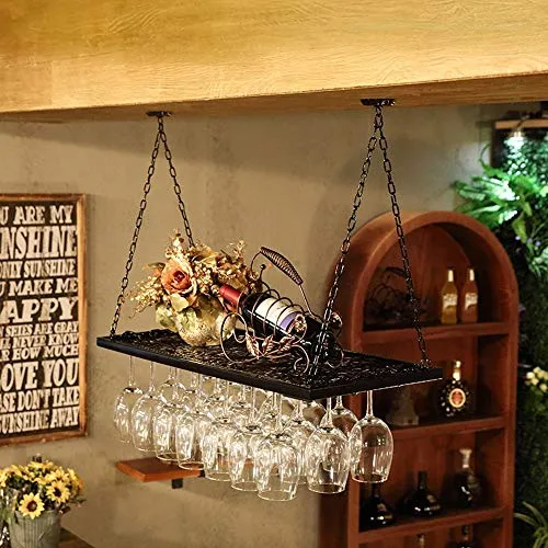 LYLSXY Portabici per Vino, Catena Di Metallo Creativo Appeso Bicchiere Di Vino con Soffitto Nero con Soffitto Nero Bottigl...