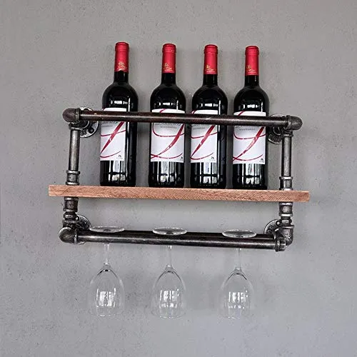 LYLSXY Rack per Vino, Ferro + Legno Massello Retrò Tubo Dell'Acqua Ristorante Muro Bar Pattino Cremaglice