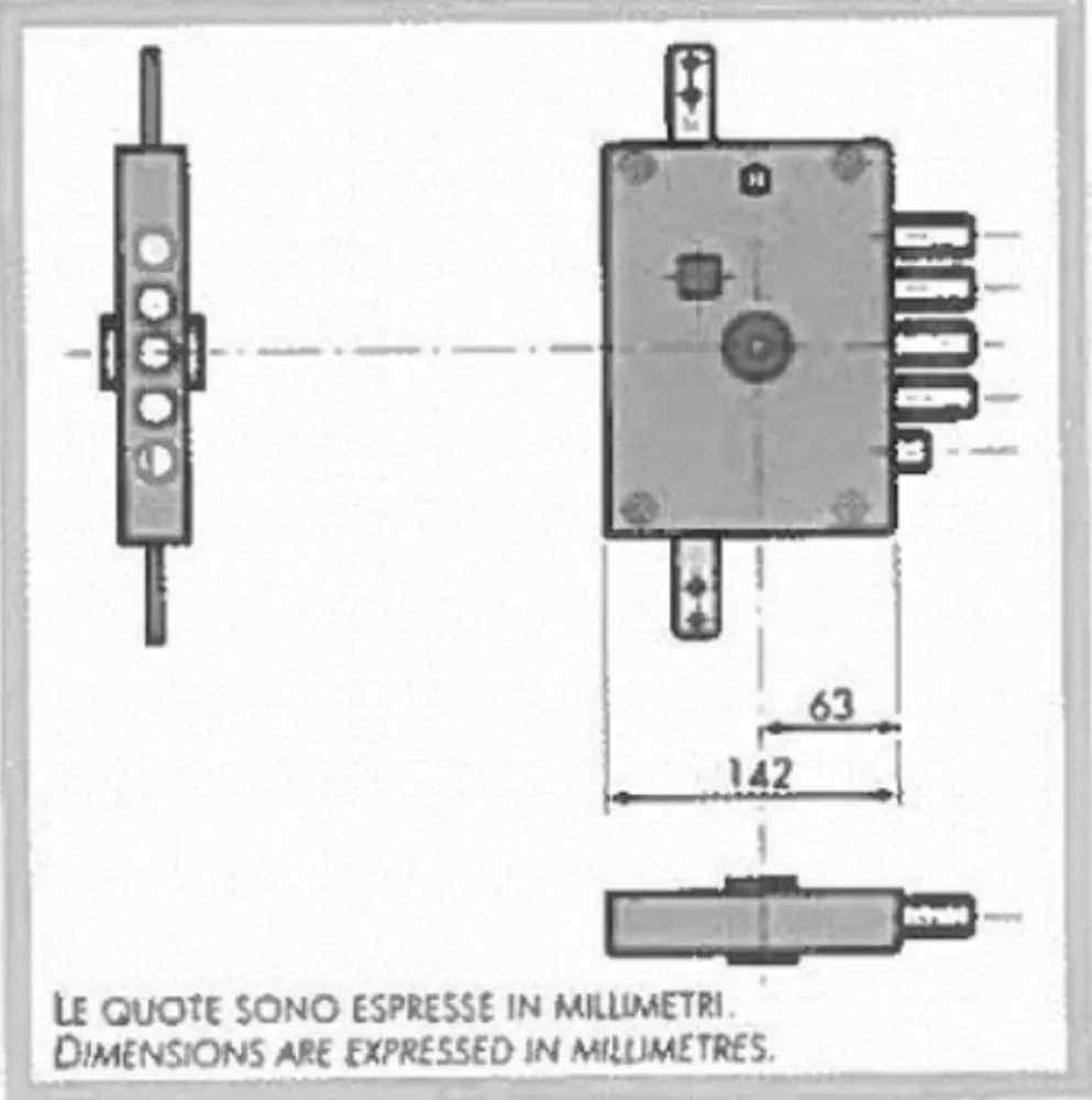 Serratura Atra Dierre D.M. chiusura triplice da applicare con scrocco e 4 catenacci Entrata 60 mm Mano Sinistra Art. 6112....