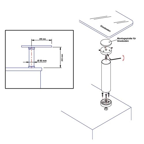 Sotech SO-Tech® Piastra di Montaggio per Vetro per Torretta Poggia-banco Altezza 200 mm/Ø 50 mm Finitura Acciaio Inox