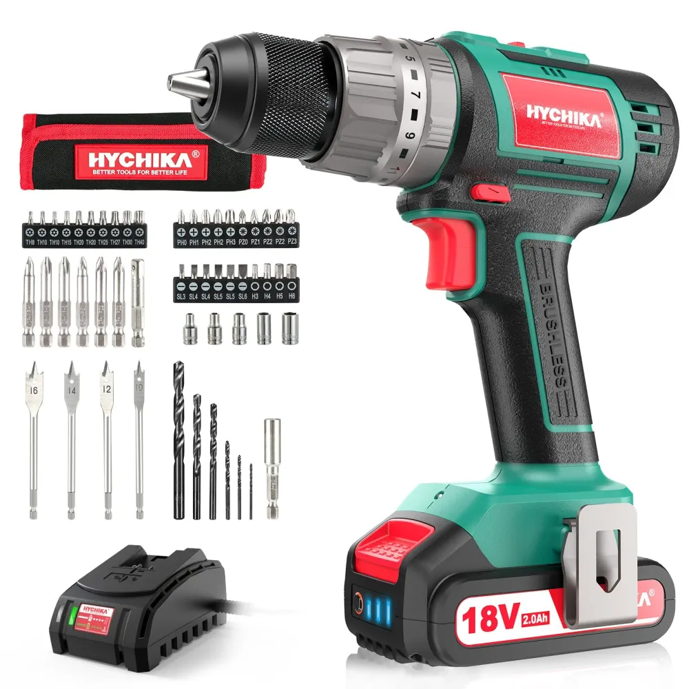 Trapano Avvitatore Batteria 18V, HYCHIKA Brushless 60Nm Trapano Percussione, 2.0Ah Batteries, 53 Accessori, Caricatore Rap...
