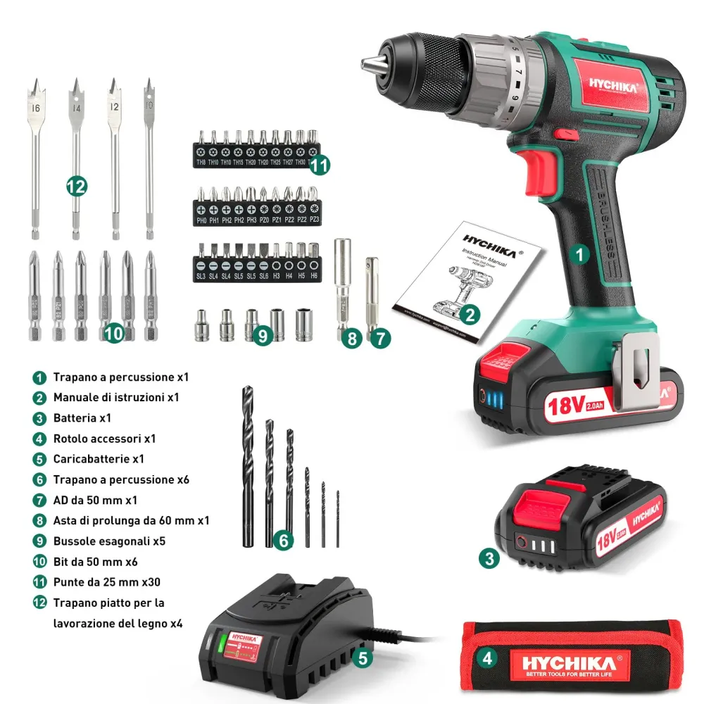 Trapano Avvitatore Batteria 18V, HYCHIKA Brushless 60Nm Trapano Percussione, 2.0Ah Batteries, 53 Accessori, Caricatore Rap...