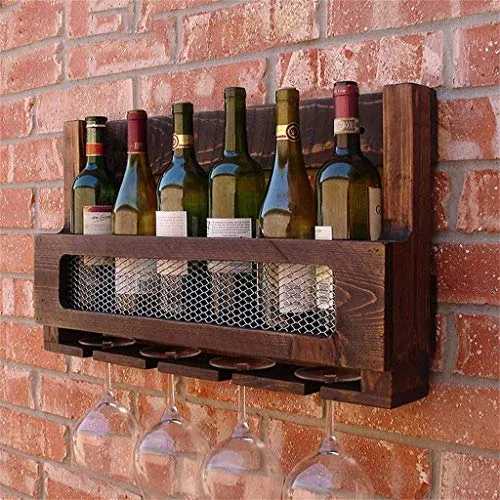 WLABCD Cremagliera da Vino, Parete, Bar, Ristorante, Portabocchetto per Bottiglie, Legno Americano Legno Massello, Bicchie...
