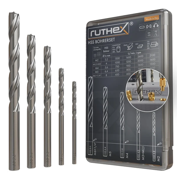 Set di trapani Ruthex per inserti filettati – M2, M2.5, M3, M4, M5, M6 e 1/4"