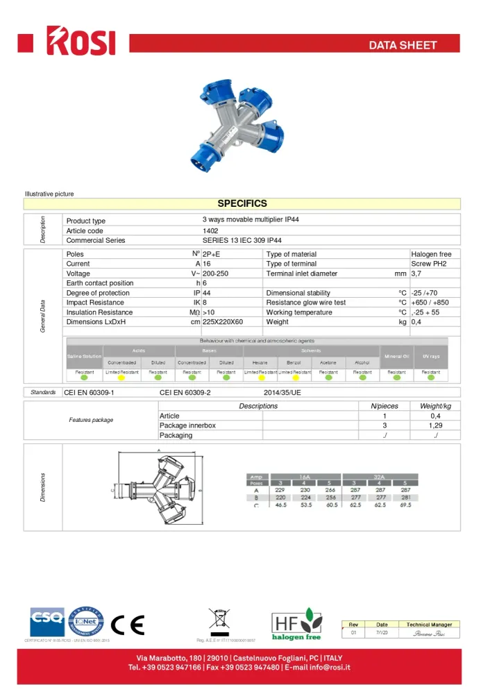 Certificato CE Industrial adapter Mobile multiplier 3 outputs IP44 16A 2P+E 220V Online