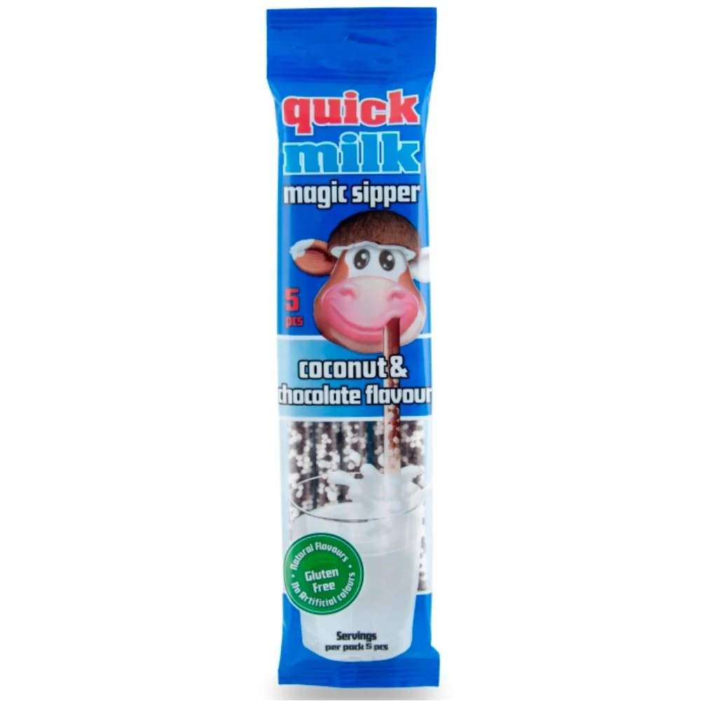 Quick Milk Magic Sipper Coconut and Chocolate Flavor, cannucce con caramelle al cocco e cioccolato da 30g