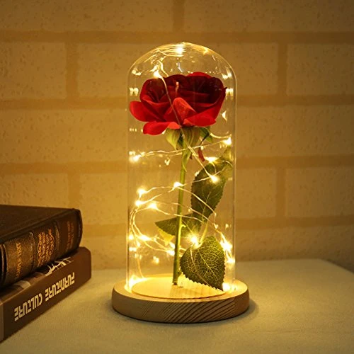 Ledmomo - Lampada con rosa seta e luce LED, cupola di vetro e base...