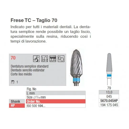 Fresa Tungsteno Manipolo Dritto Acciaio Inox 316