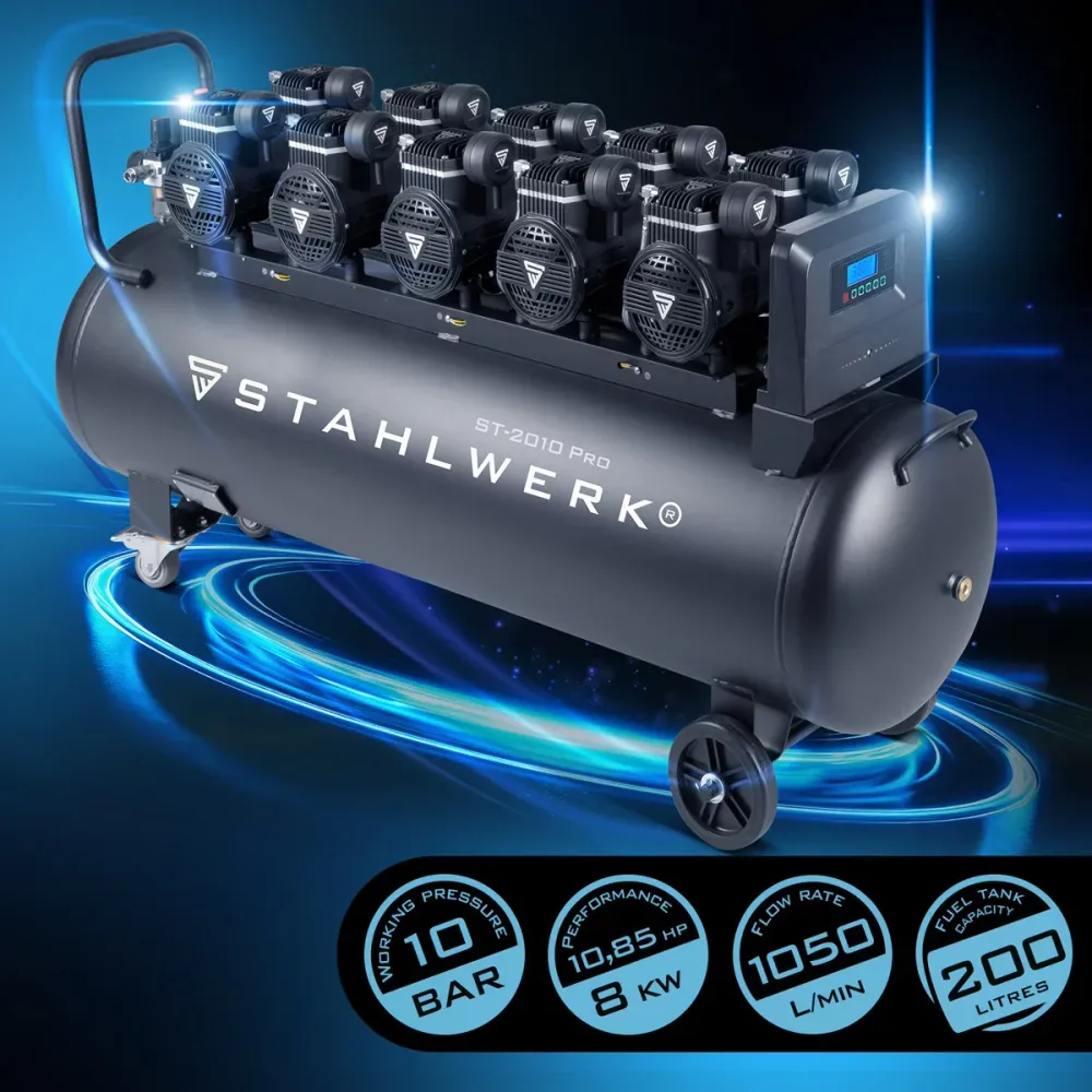 Compressore Steelworks ST-2010 Pro con 10 bar | 10.8 PS | 8 kW | 1050 l/min | Serbatoio da 200 L di compressore d'aria com...