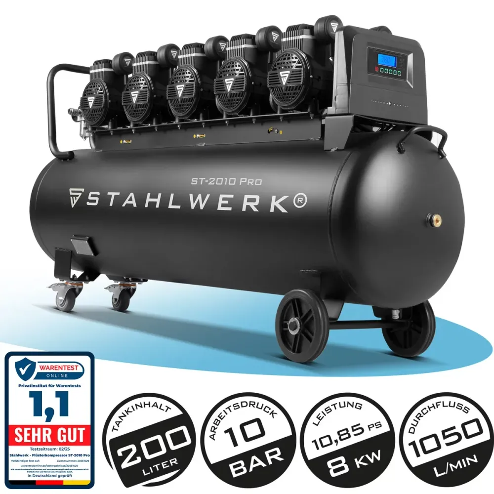 Compressore Steelworks ST-2010 Pro con 10 bar | 10.8 PS | 8 kW | 1050 l/min | Serbatoio da 200 L di compressore d'aria com...