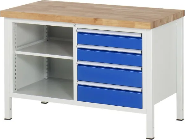 Antiusura Industriale Banco da lavoro RAU collezione 8000 - struttura telaio (telaio saldato) 4 cassetti 1 ripiano 1250x84...