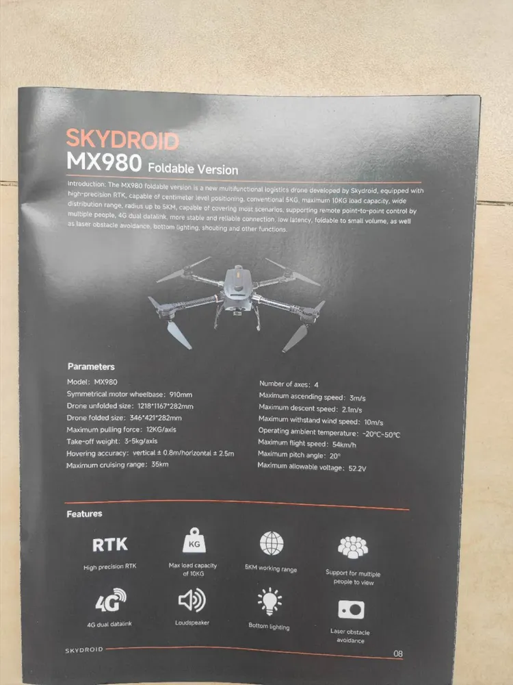 Drone Skydroid MX980 - Peso al decollo 5KG / 10KG Portata di crociera 35KM / 5KM Drone industriale con posizionamento RTK...
