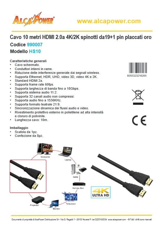 HDMI cable 10 meters 2.0a - 4K-2K Gold 19+1 pin plugs - ALCAPOWER Fashion