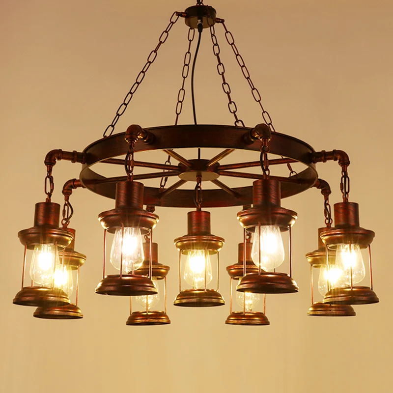 Lampadario industriale con ruota di carro, lampada sospensione ferro con paralume vetro trasparente bronzo Facile Inserime...