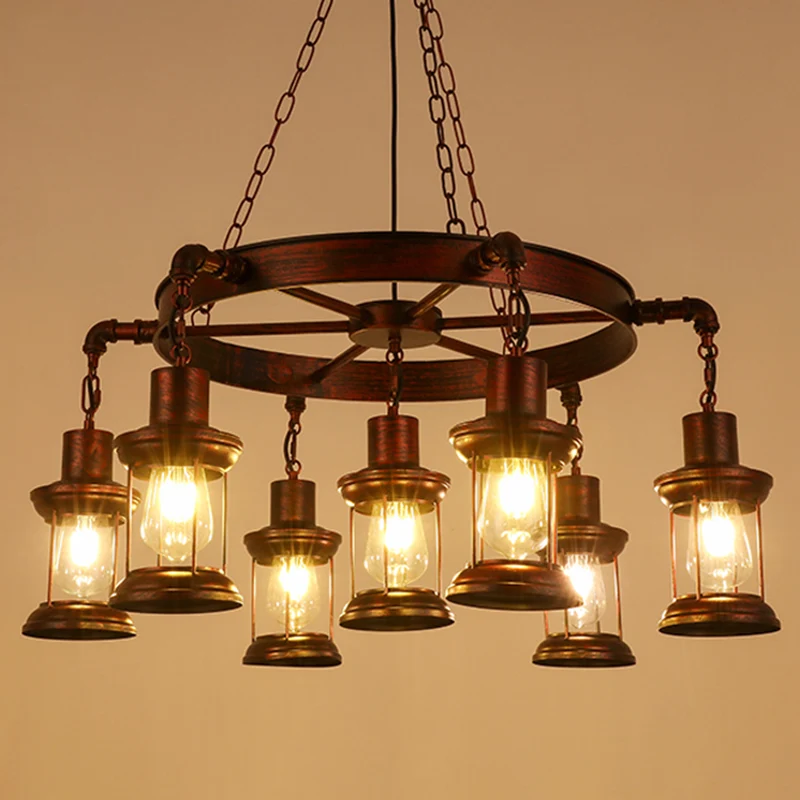 Lampadario industriale con ruota di carro, lampada sospensione ferro con paralume vetro trasparente bronzo Facile Inserime...