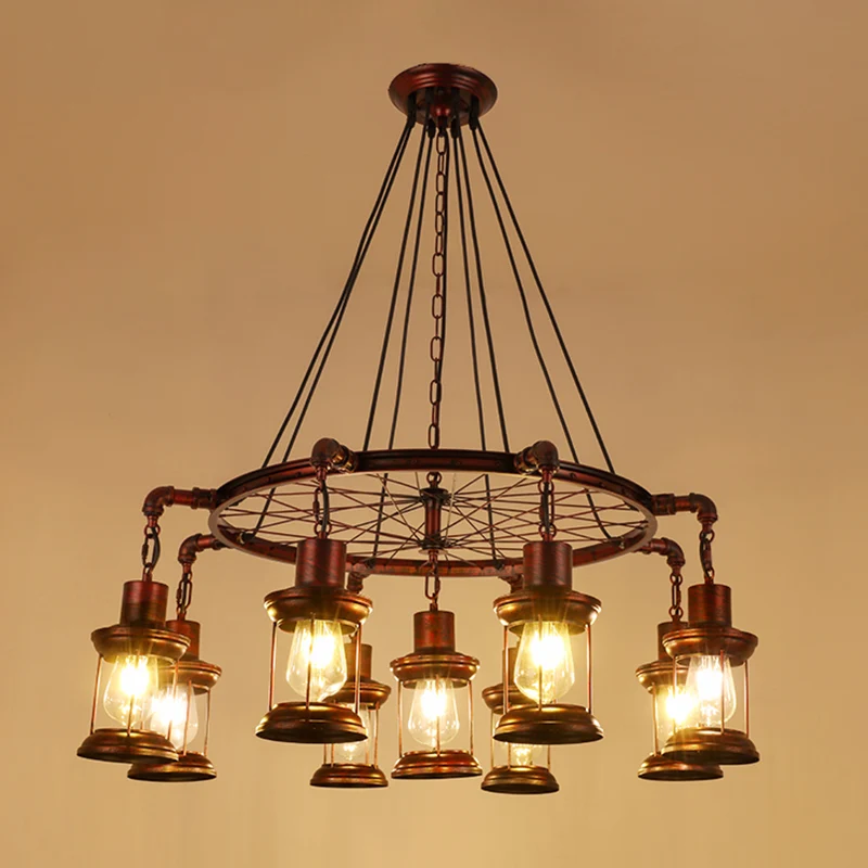 Lampadario industriale con ruota di carro, lampada sospensione ferro con paralume vetro trasparente bronzo Facile Inserime...