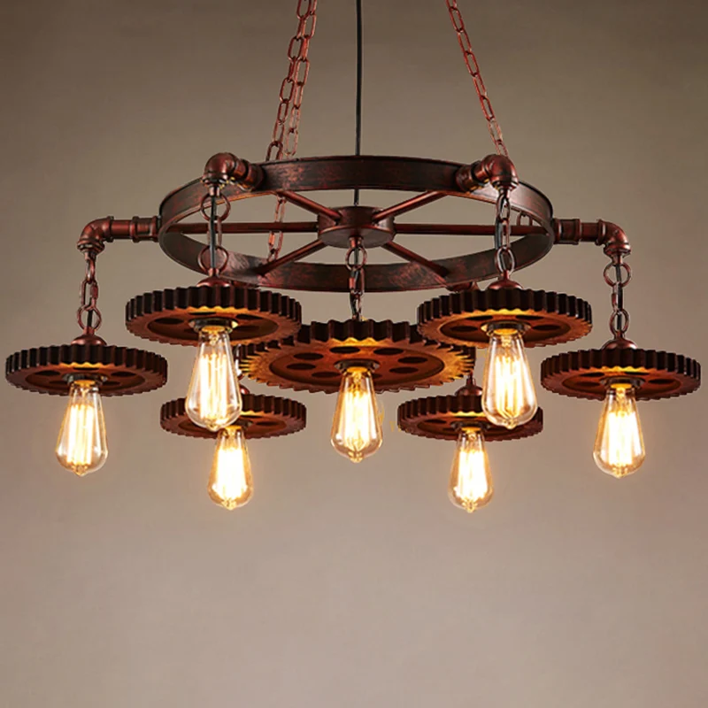 Lampadario industriale con ruota di carro, lampada sospensione ferro con paralume vetro trasparente bronzo Facile Inserime...