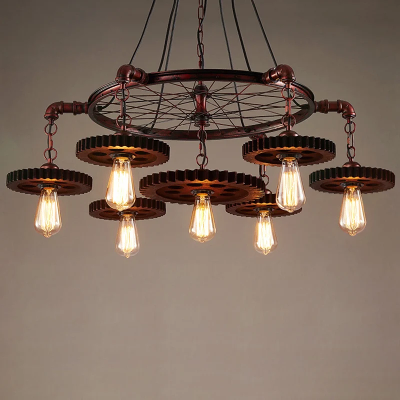 Lampadario industriale con ruota di carro, lampada sospensione ferro con paralume vetro trasparente bronzo Facile Inserime...