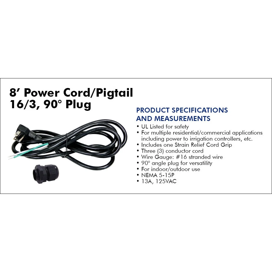 Professionale per Cavi King Innovation - 25280 - 8' Power Cord/Pigtail 16/3, 90°, 1pc. Sleeve