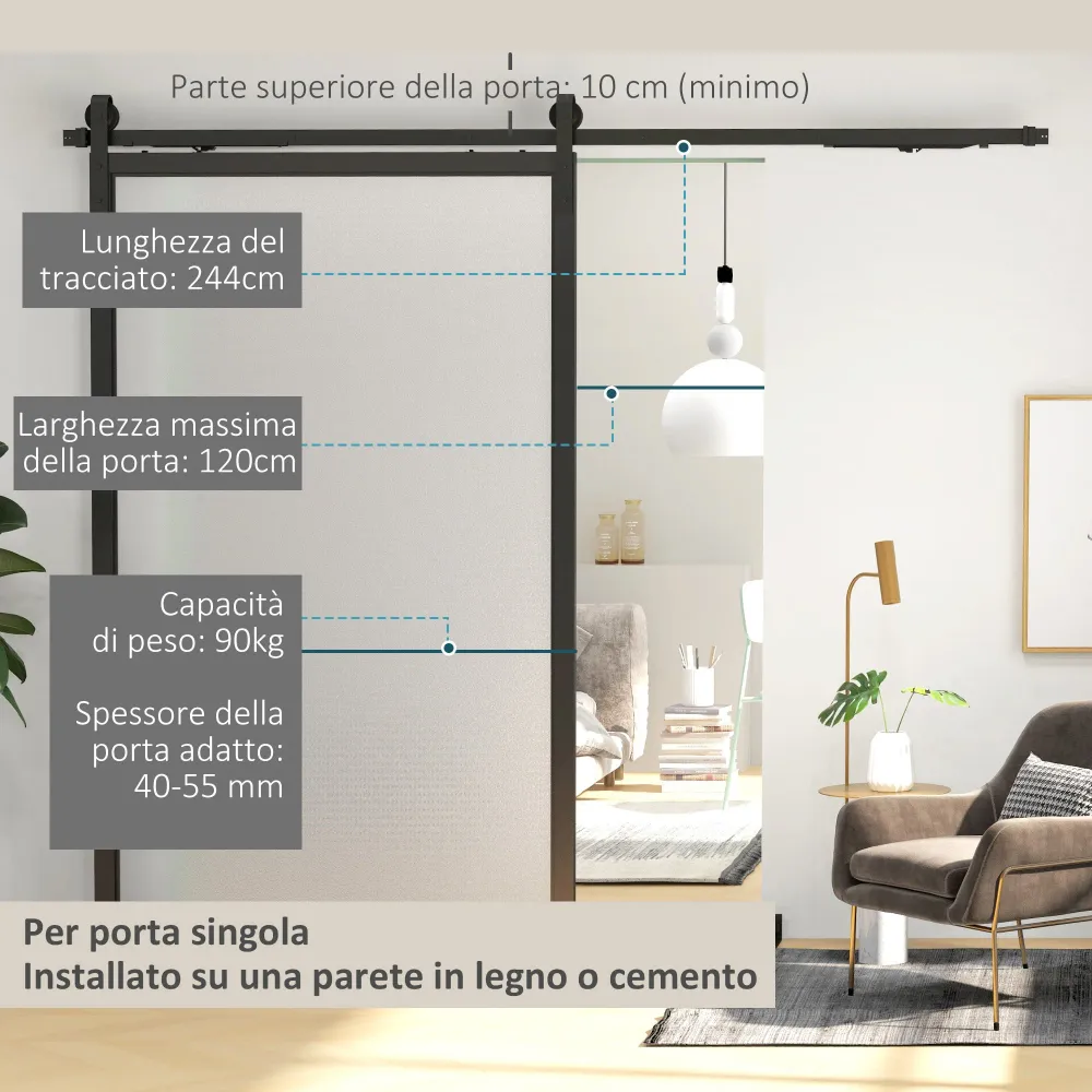 Kit Porta Scorrevole 90kg max Salvaspazio 244x0,5x4 cm Acciaio al Carbonio con Accessori Nero
