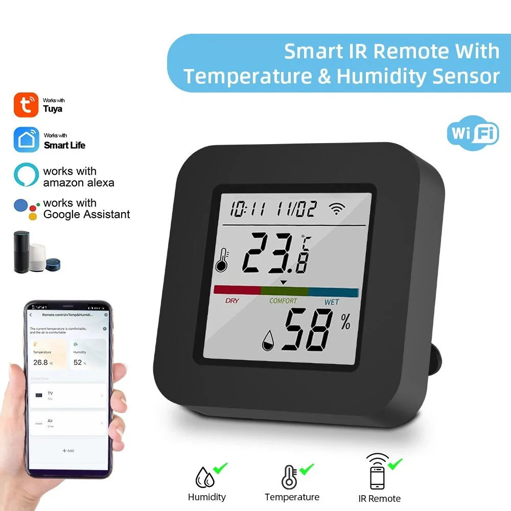 Sensore di Temperatura e Umidità Interno con Tuya WiFi Controllo Universale Infrarossi Sensore di Temperatura e Umidità Co...