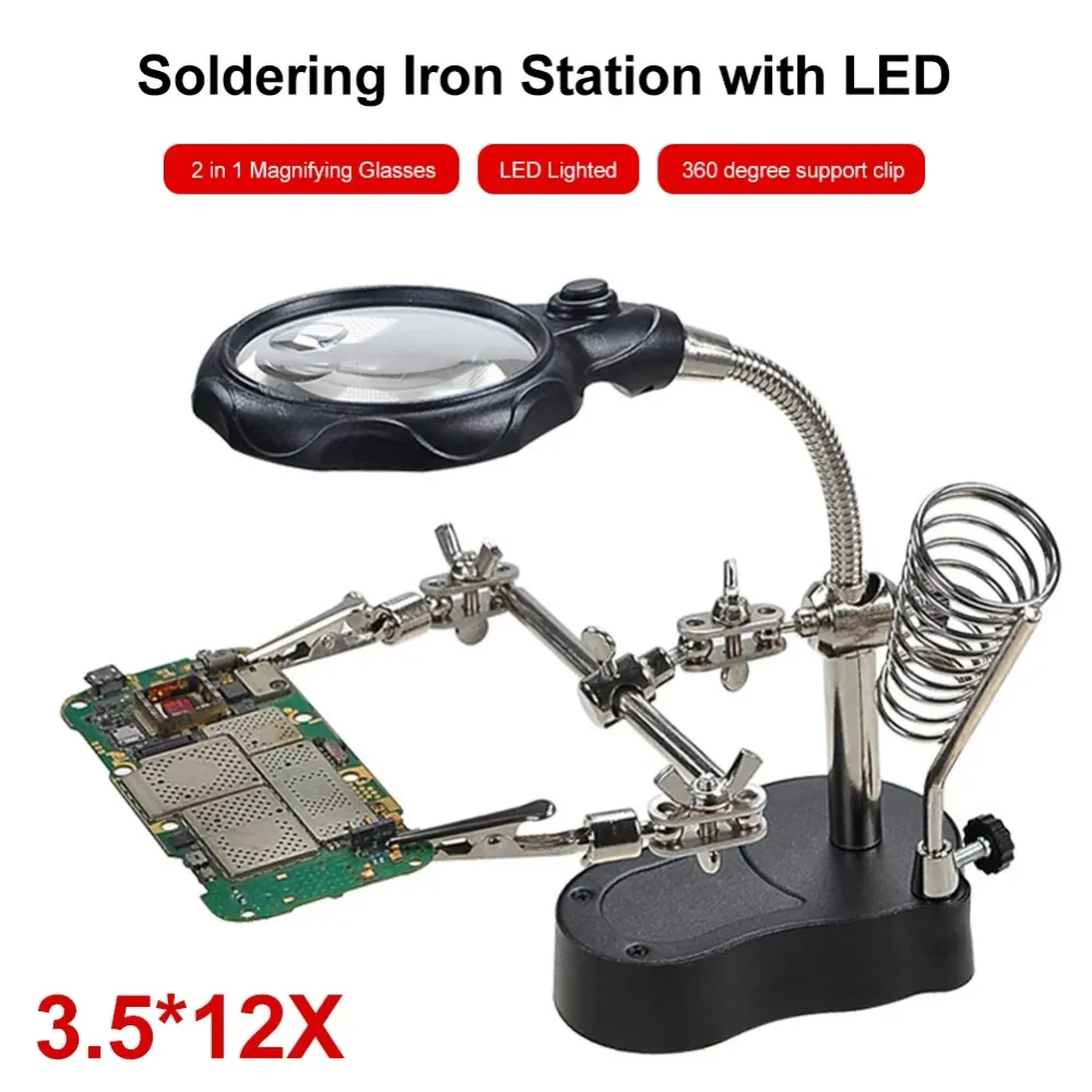 Stazione di Saldatura con Supporto e Lente d'Ingrandimento con Clip Morsetto Terza Mano Aiuto Desktop Lente d'Ingrandiment...