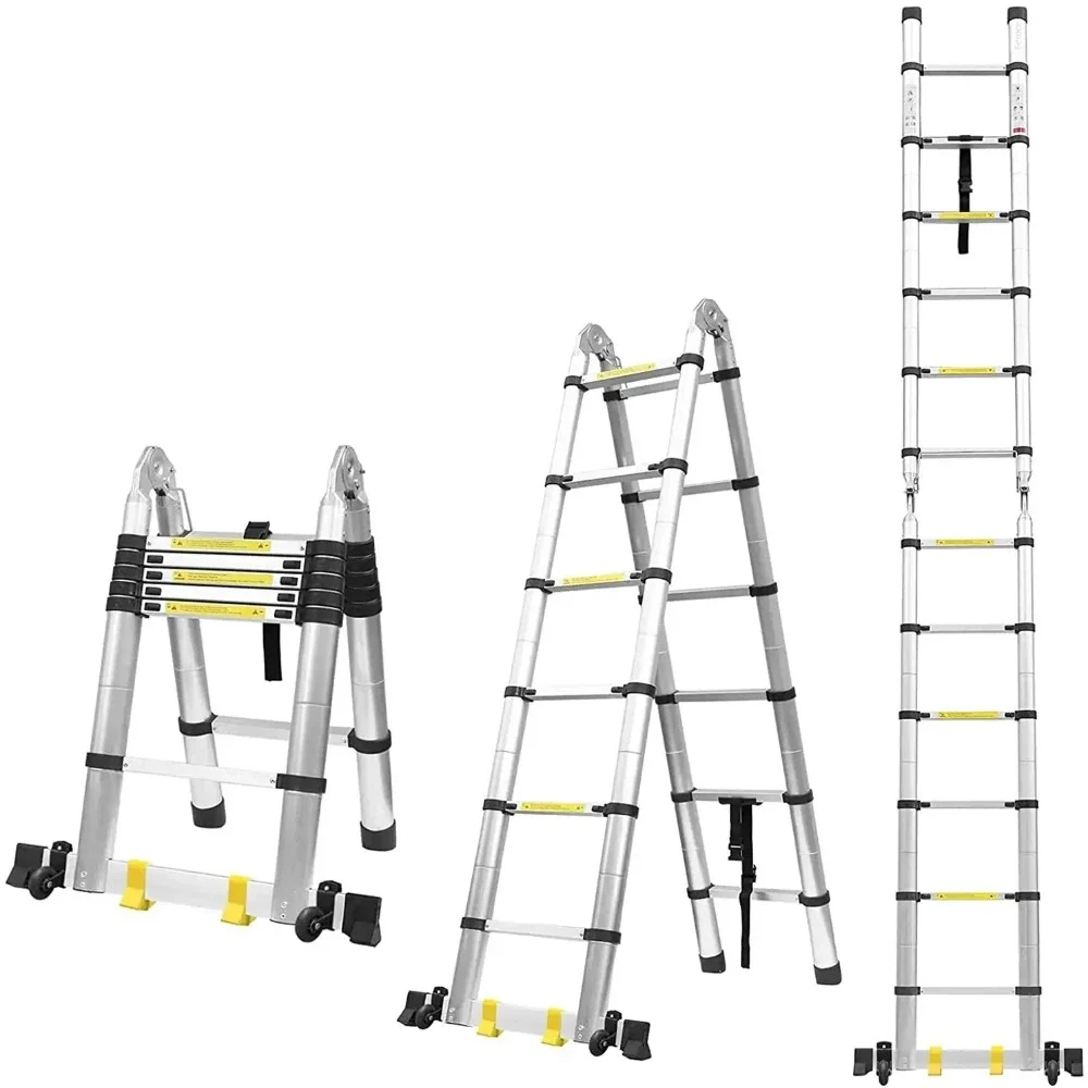 Scala Telescopica Pieghevole 3.8 M 12-passi Lega di Alluminio Scala Telescopica Scala Alluminio Pieghevole con 2 Ruote Cap...