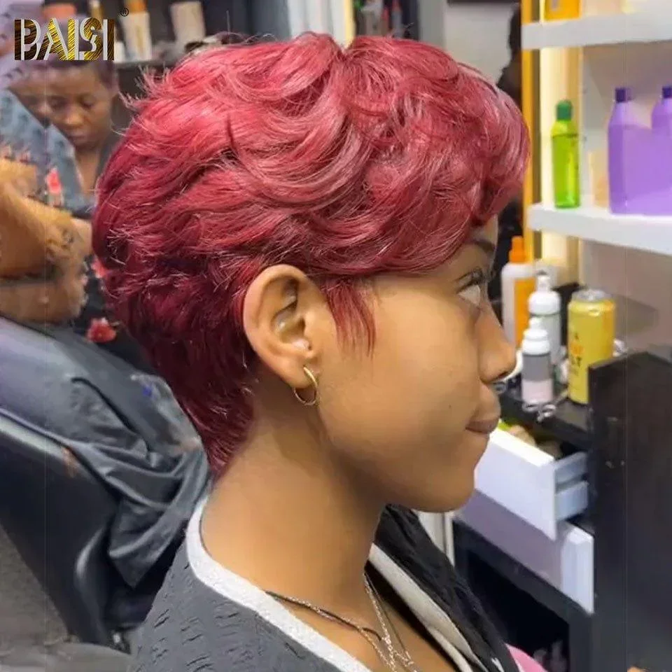 BAISI Perrucca Pixie riccia taglio corto colore bordeaux 99J# 6 pouces 80€ 100% Capelli Umani