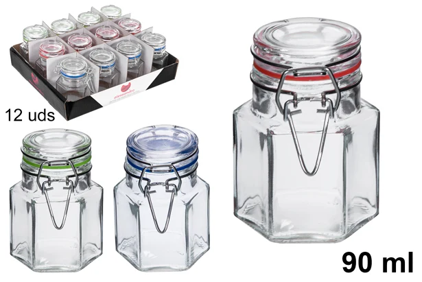 BARATTOLO ERMETICO VETRO ESAGONALE COLORI ASSORTITI 90ML
