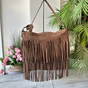 Borsa con Frange Marrone Cowboy Style Anelli Argento Tracolla Vera Pelle Scamosciata FENICE Taupe