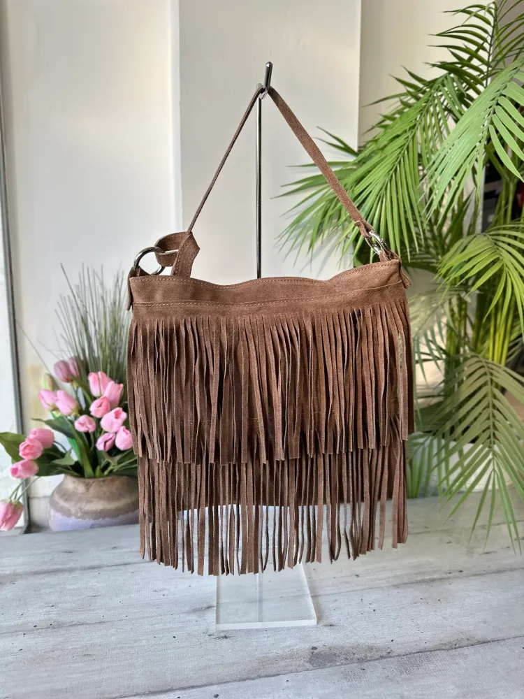 Borsa con Frange Marrone Cowboy Style Anelli Argento Tracolla Vera Pelle Scamosciata FENICE Taupe