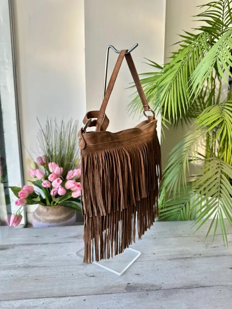 Borsa con Frange Marrone Cowboy Style Anelli Argento Tracolla Vera Pelle Scamosciata FENICE Taupe