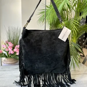 Borsa Grande Frange Pelle Scamosciata Rettangolare con Anelli e Tracolla