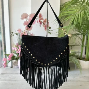 Borsa Rettangolare Busta Spalla e Tracolla Lunga Frange e Borchie Dorate VIOLA